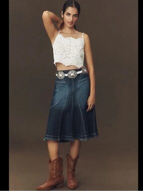 Pilcro Anthropologie Denim Midi Skirt Size 8  Jean Skirt Blue Chic Western Boho